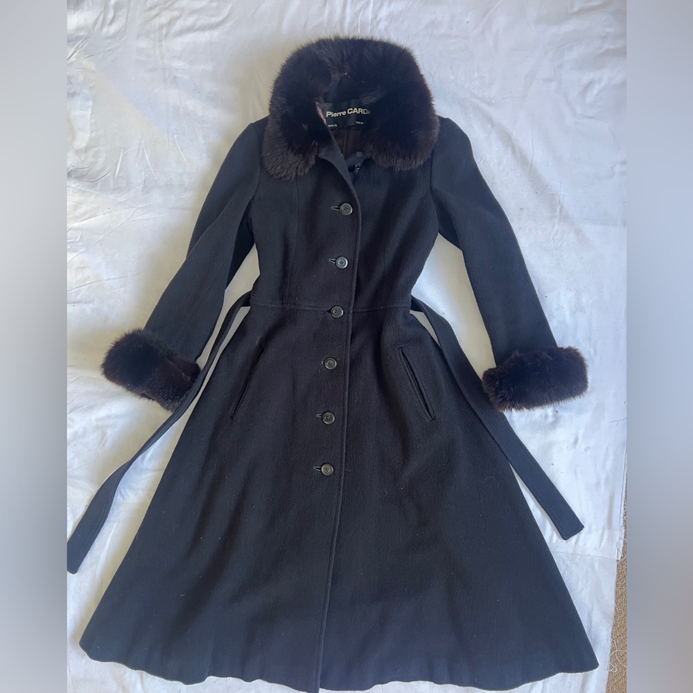 Pierre Cardin Vintage 70s Fox Fur Wool Melton Fit Flare Belted Luxe Winter Coat - Picture 5 of 15